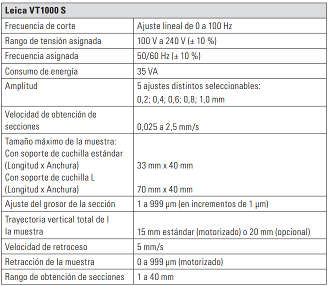 Especificaciones Tecnicas Microtomo VT1000 S Leica  Especificaciones Tecnicas Microtomo VT1000 S