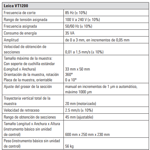 Especificaciones Tecnicas Microtomo VT1200 Leica  Especificaciones Tecnicas Microtomo VT1200